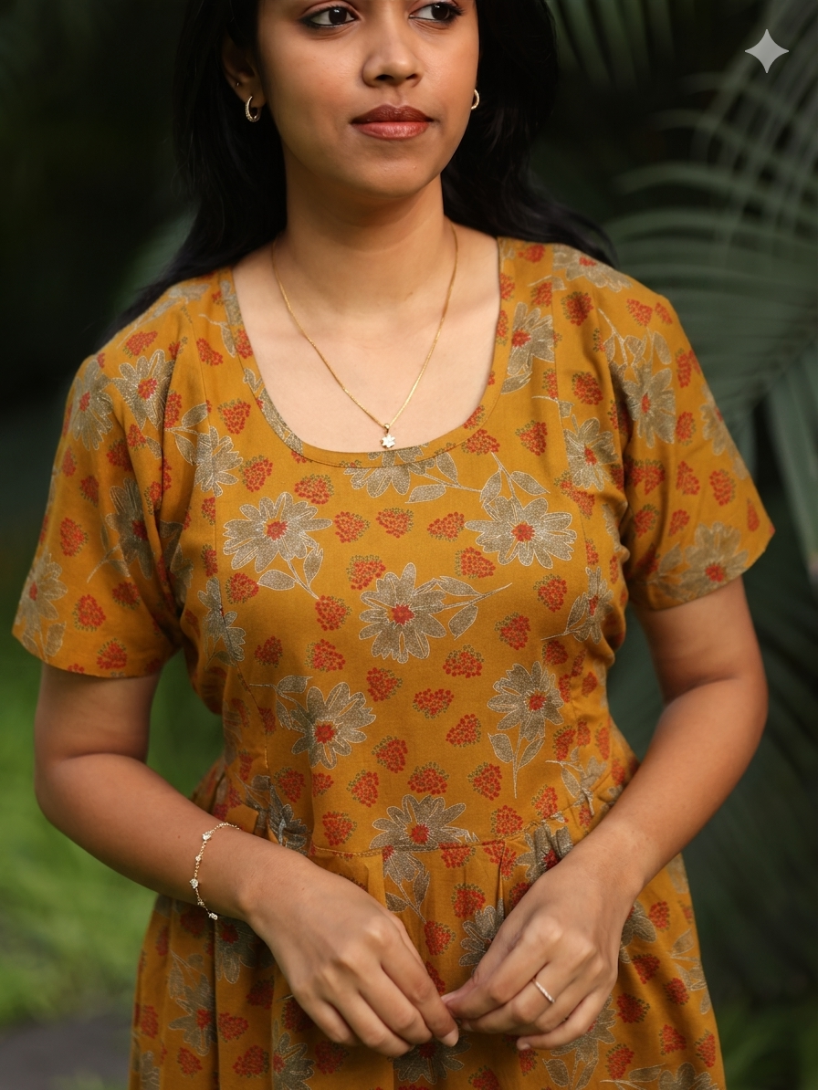 NB Printed Mustard Feeding Cotton Maxi