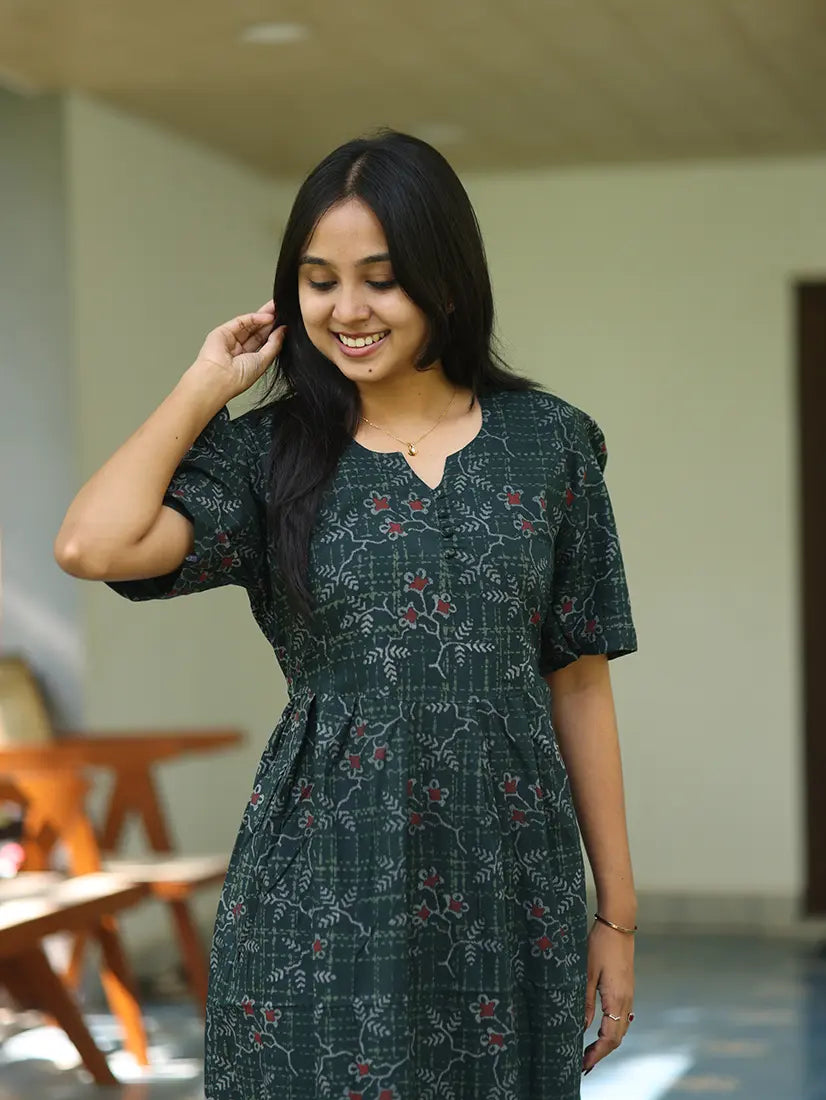 NB Printed Bottle Green Cotton Maxi