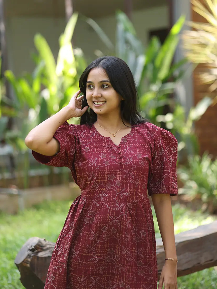NB Printed Wine Maroon Cotton Maxi