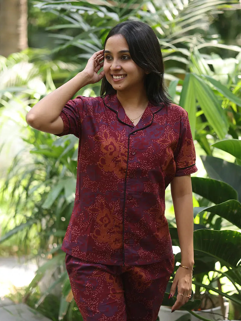 NB Printed Maroon Cotton Co-ord