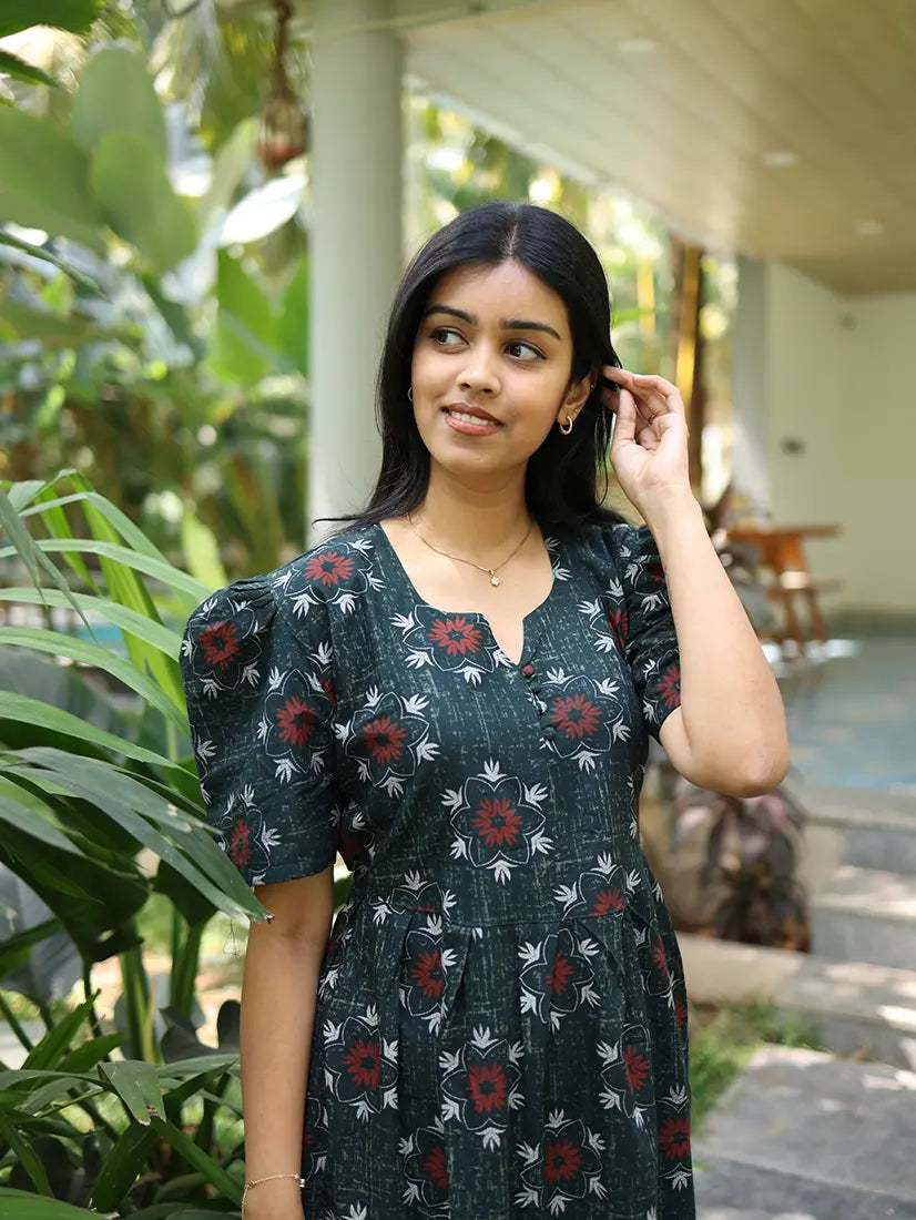NB Printed Bottle Green Cotton Maxi