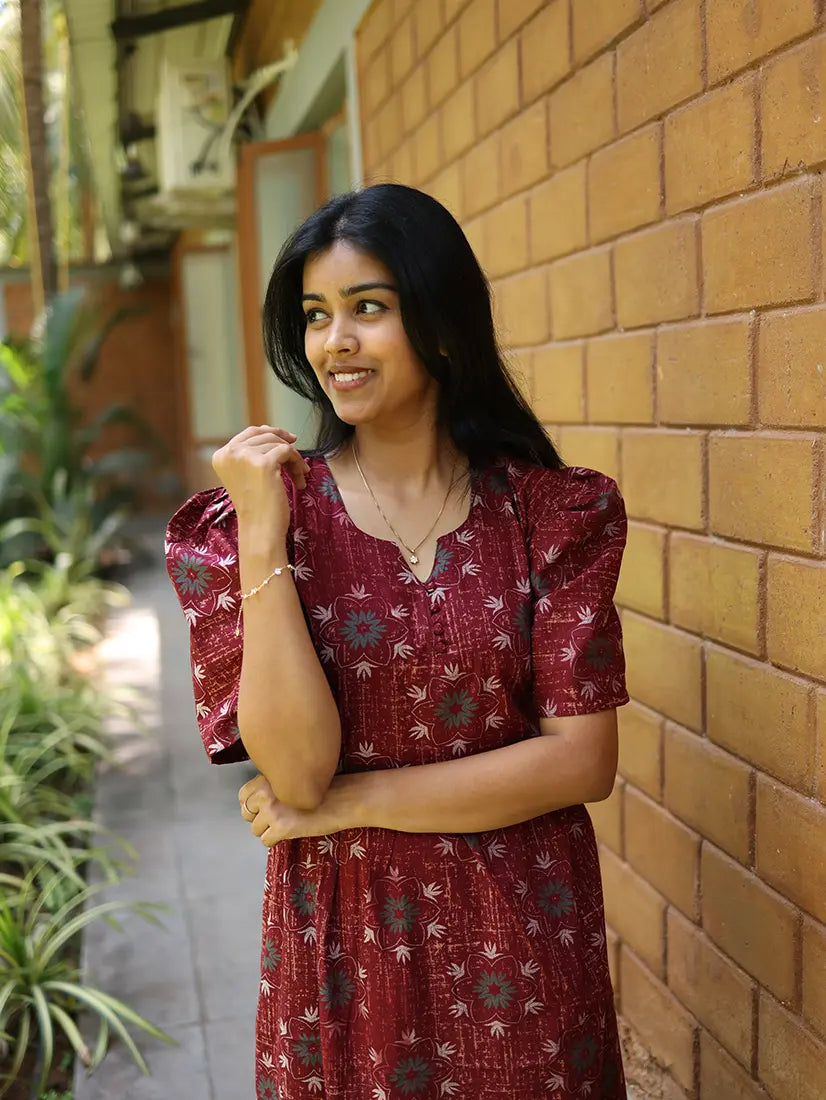 NB Printed Maroon Cotton Maxi