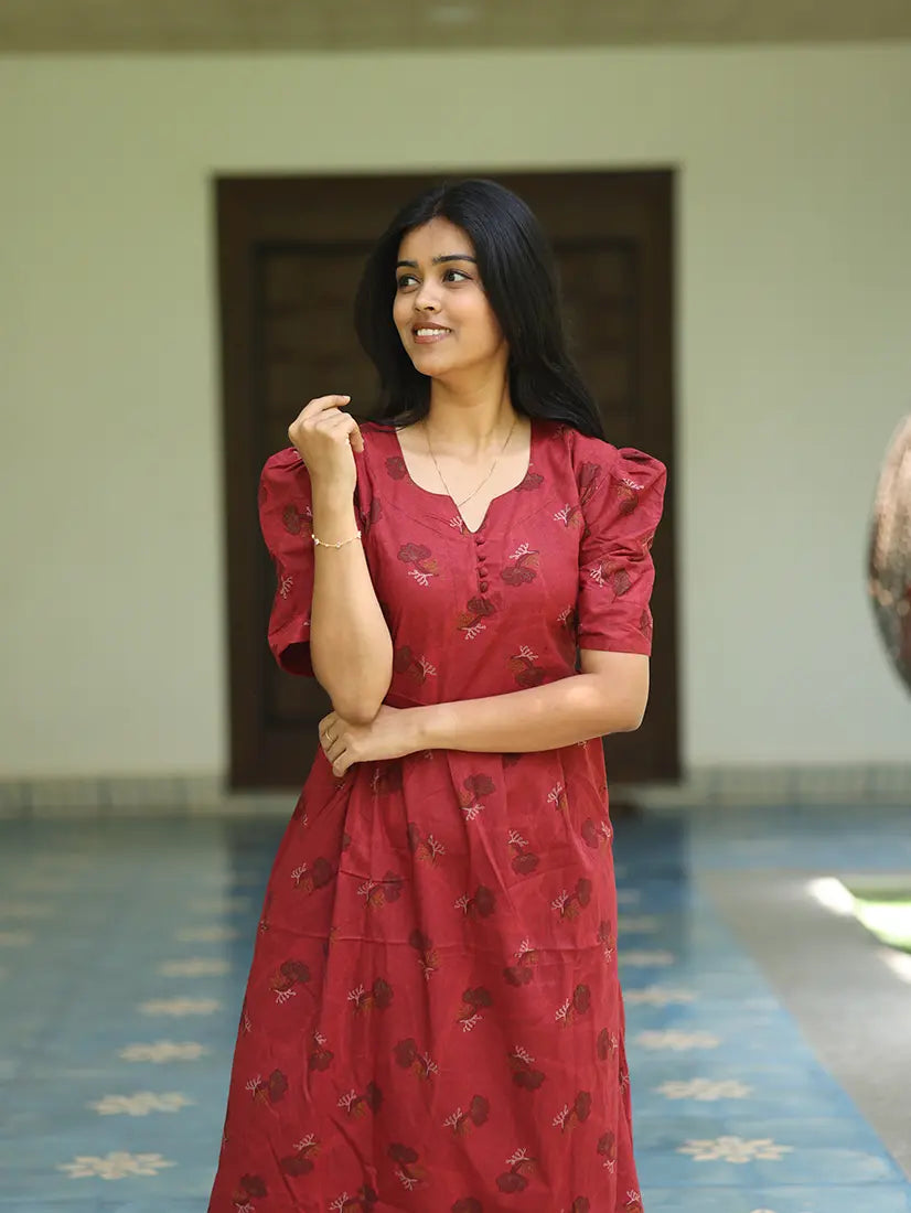 NB Printed Maroon Cotton Maxi