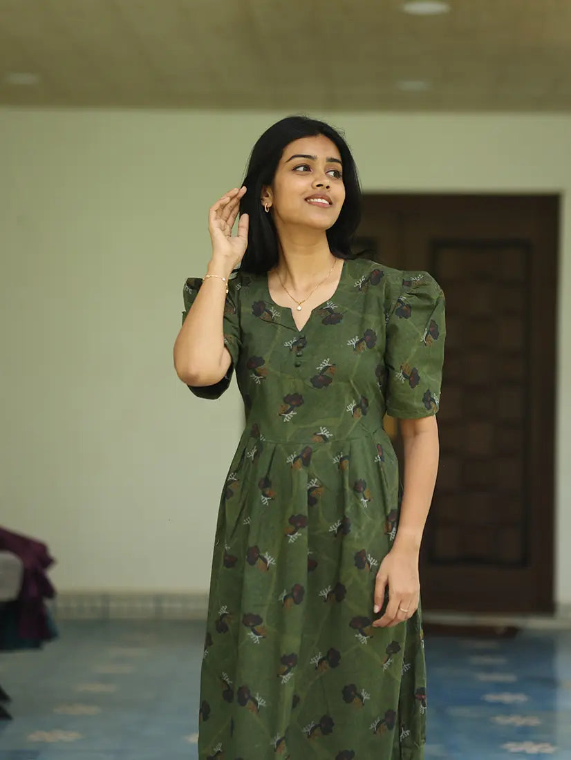 NB Printed Olive Green Cotton Maxi