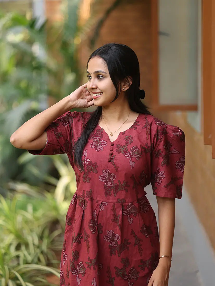 NB Printed Maroon Cotton Maxi