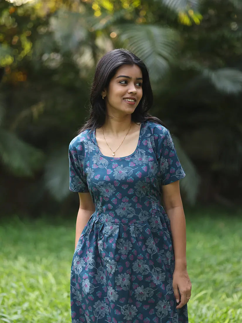 NB Printed Navy Blue Feeding Cotton Maxi
