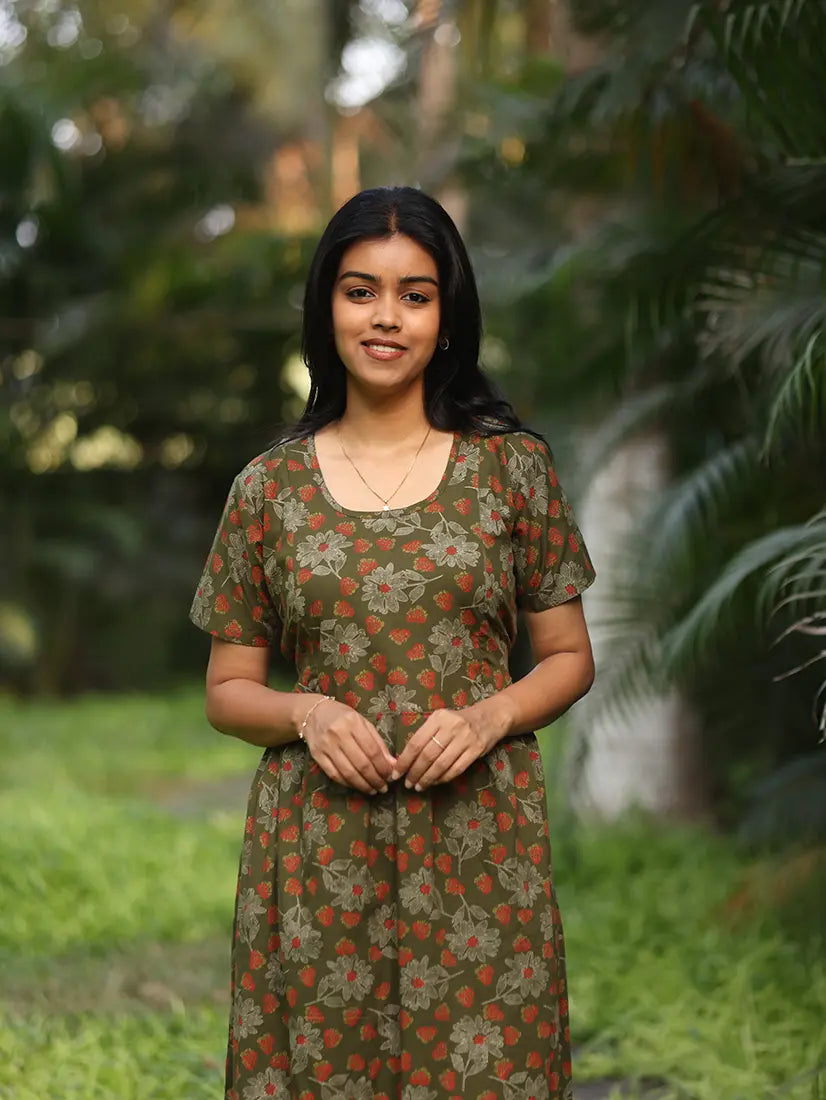 NB Printed Olive Green Feeding Cotton Maxi