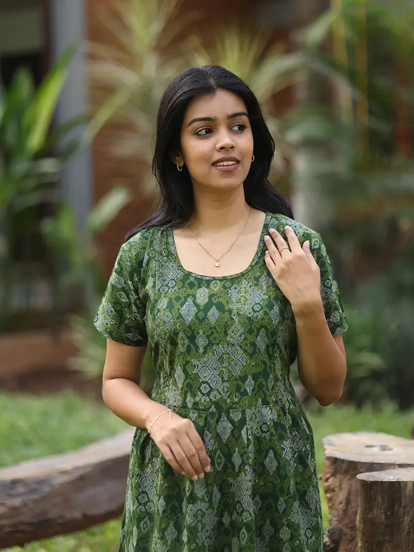 NB Printed Forest Green Feeding Cotton Maxi