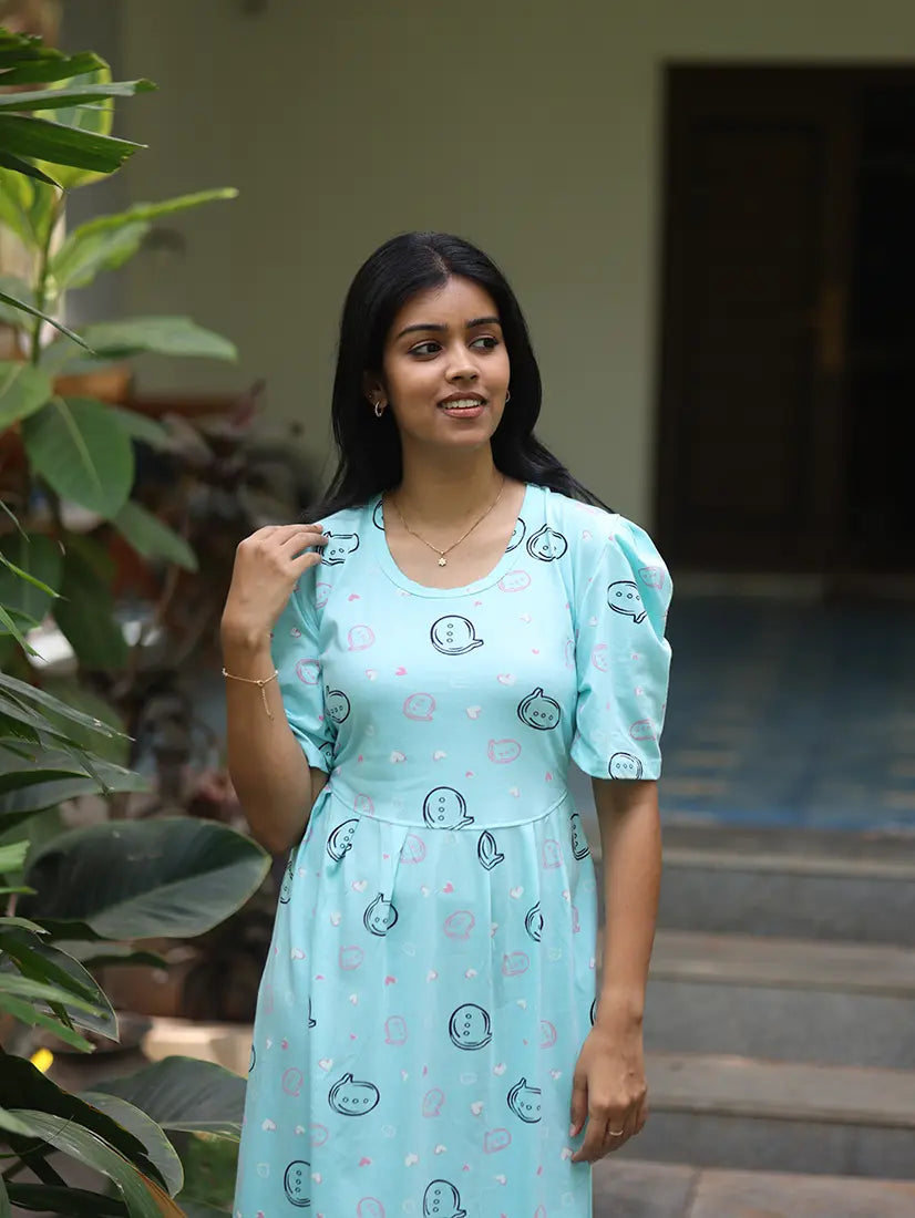 NB Printed Sky Blue Soft Cotton Maxi